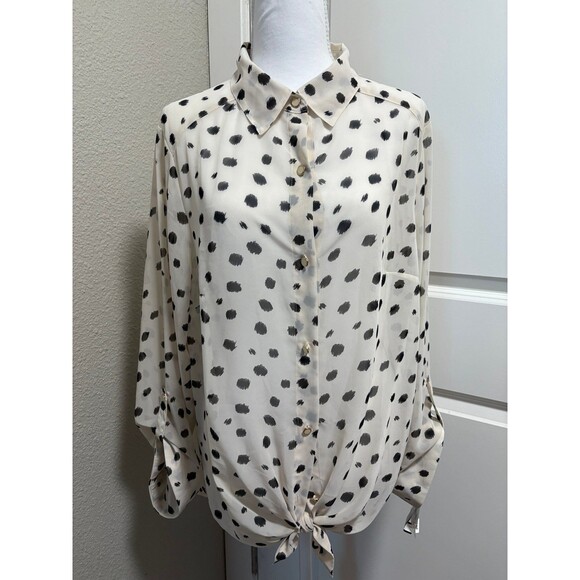 Blouse Ab Studio sheer white ( cream ) leopard print NWT XL tie front - Picture 1 of 8